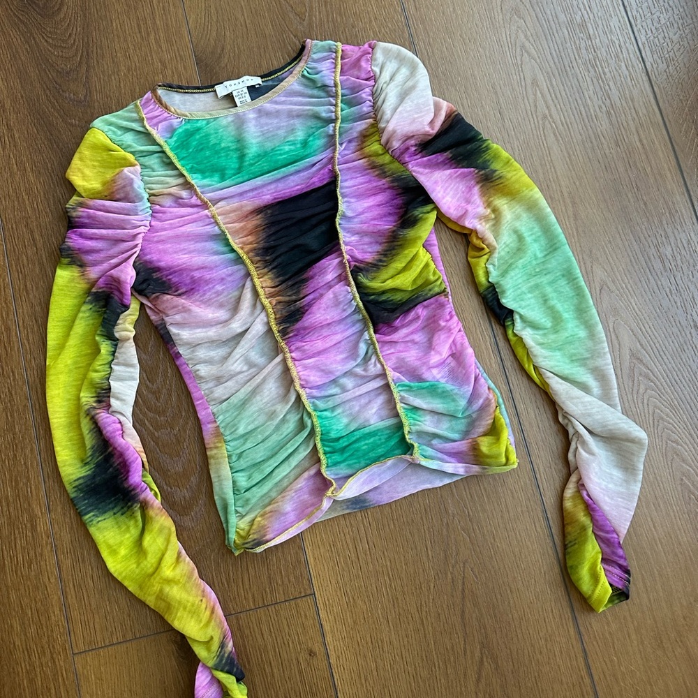 Topshop Multicolor Ruched Long Sleeve Blouse
